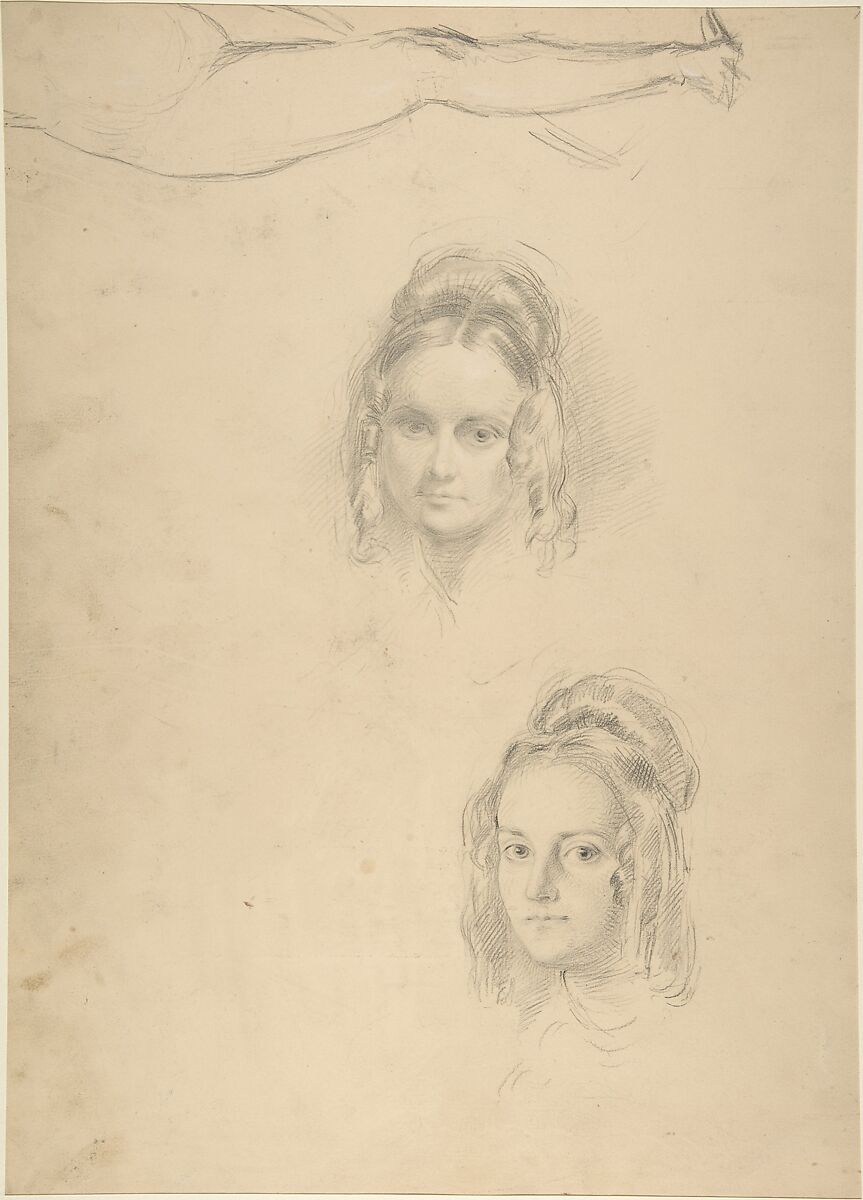 Hagar and Ishmael in the Wilderness (recto); Two portrait studies of the artist's wife, and a study of a leg and torso (verso), George Richmond (British, Brompton 1809–1896 London), Graphite, pen and black ink, brush and black wash, with white gouache (bodycolor) (recto); graphite and black chalk with touches of gouache (bodycolor) (verso)