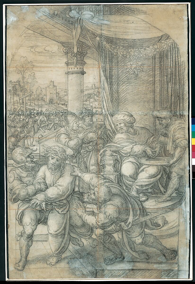 Pilate Washing his Hands, Bernard van Orley (Netherlandish, Brussels ca. 1492–1541/42 Brussels), Black chalk, squared in red chalk