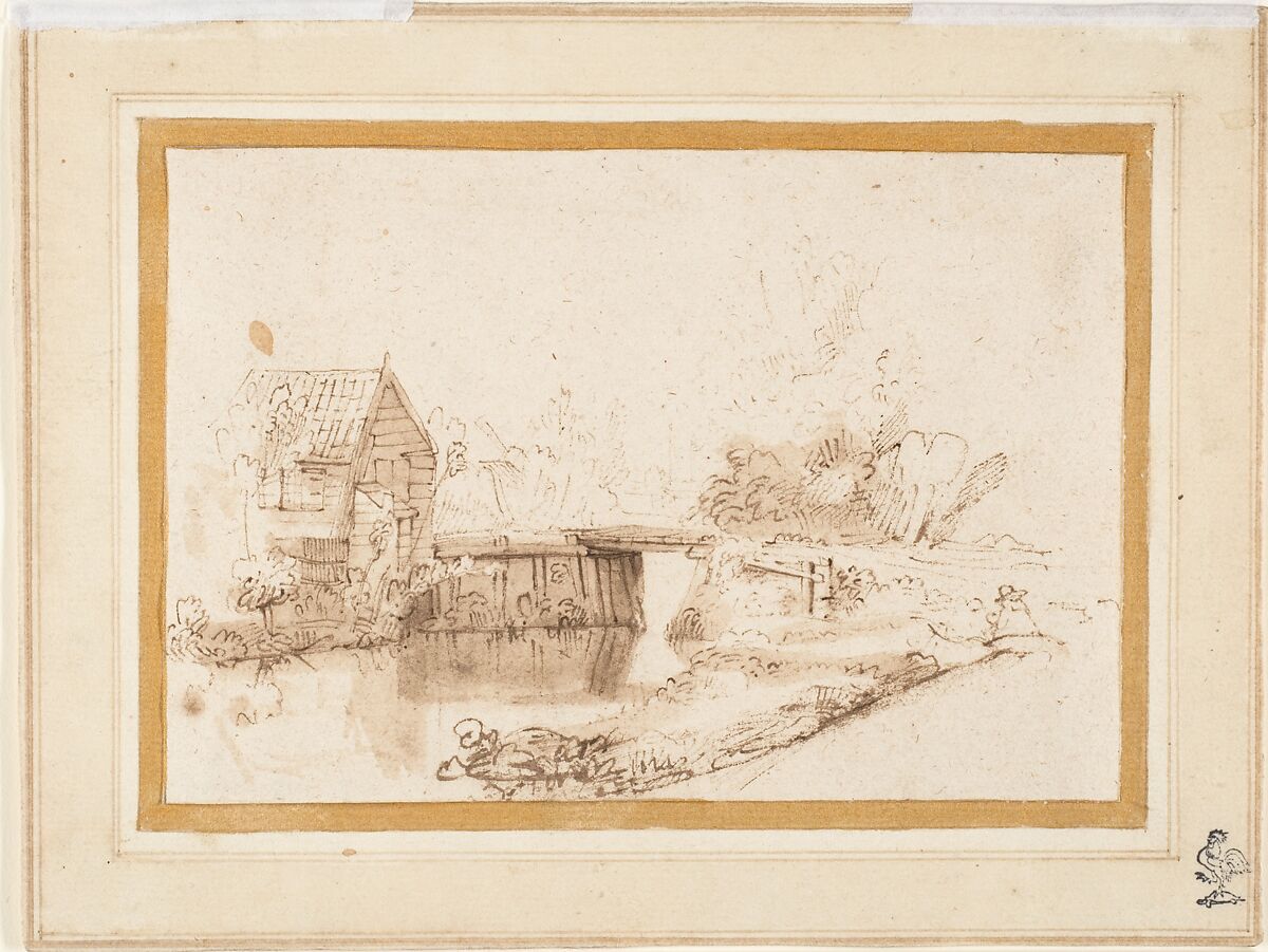 Landscape with a Draughtsman Seated by a River, a Bridge and a Cottage Behind, Nicolaes Maes (Dutch, Dordrecht 1634–1693 Amsterdam), Pen and brown ink and brown wash