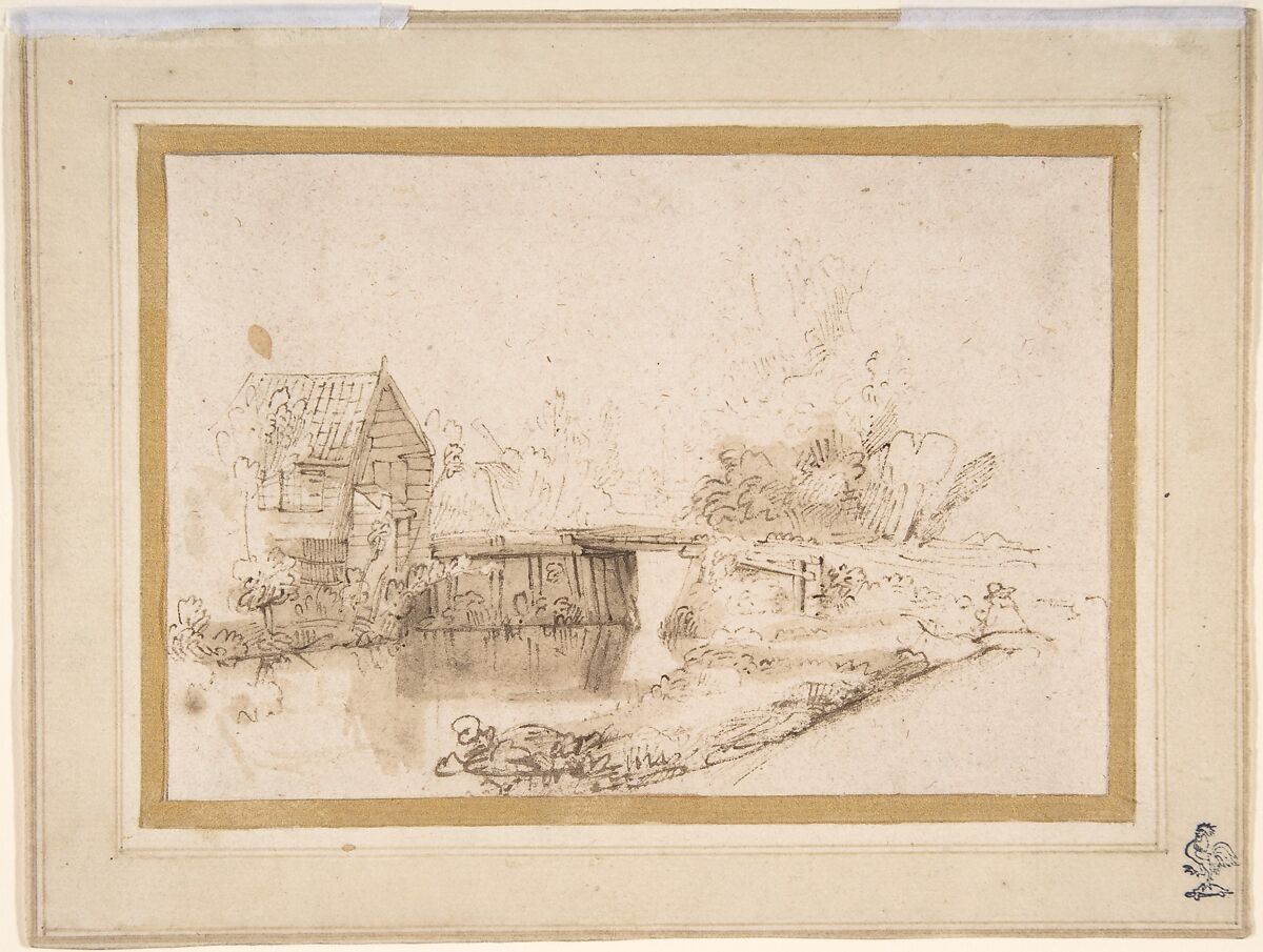 Landscape with a Draughtsman Seated by a River, a Bridge and a Cottage Behind, Nicolaes Maes (Dutch, Dordrecht 1634–1693 Amsterdam), Pen and brown ink and brown wash 