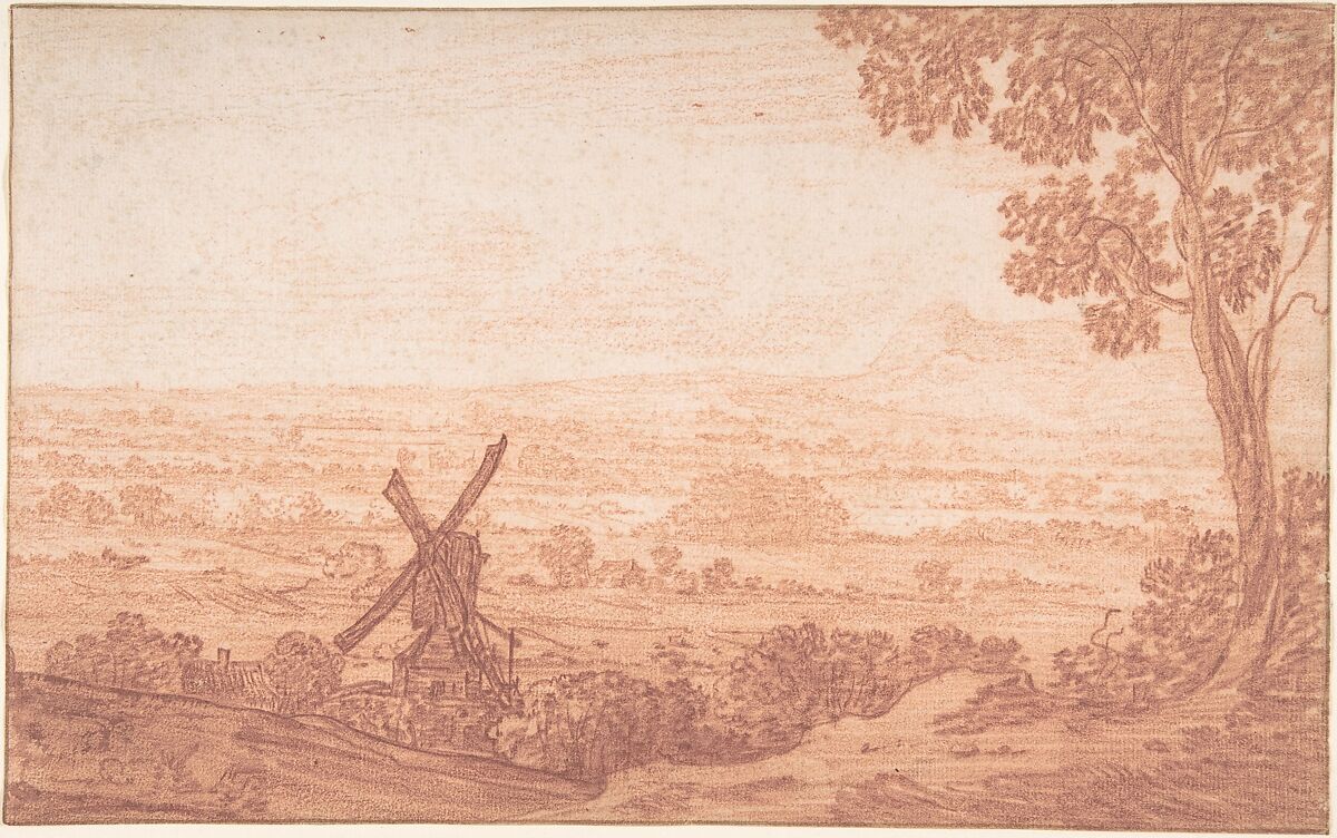 An Extensive Panoramic Landscape with a Windmill, Jan Baptist Weenix (Dutch, Amsterdam 1621–1660/61 Huis ter Mey), Red chalk, pen and brown ink framing lines 