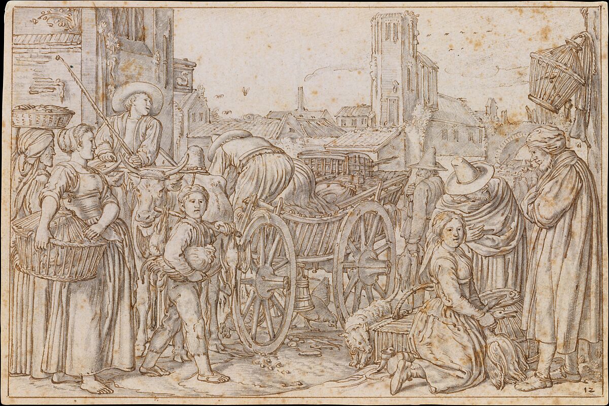 A Poultry Market in a Dutch Town, Willem Pietersz Buytewech (Dutch, Rotterdam 1591/92–1624), Graphite, pen and brown ink, brush and gray wash; framing lines in pen and brown ink