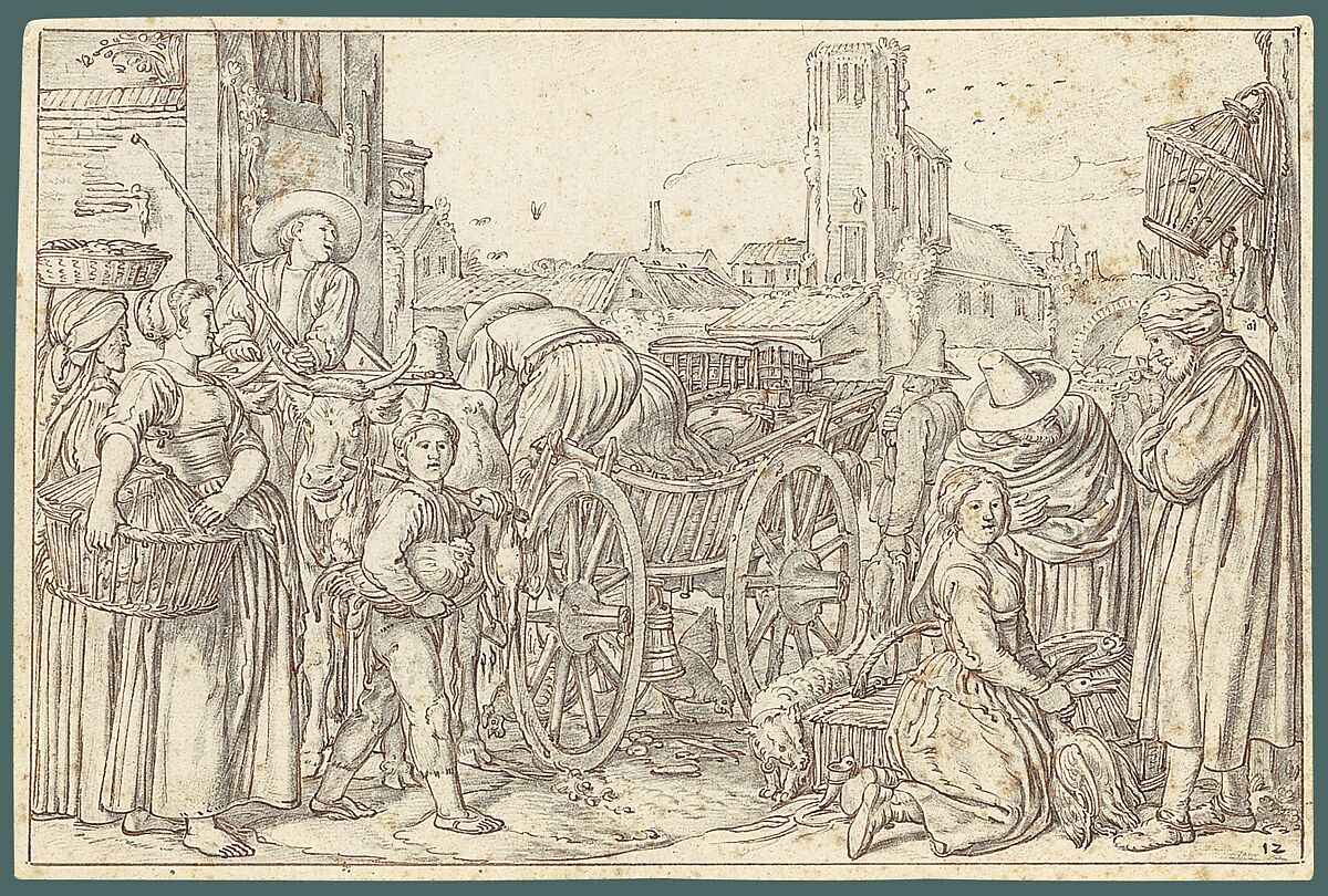 A Poultry Market in a Dutch Town, Willem Pietersz Buytewech (Dutch, Rotterdam 1591/92–1624), Graphite, pen and brown ink, brush and gray wash; framing lines in pen and brown ink
