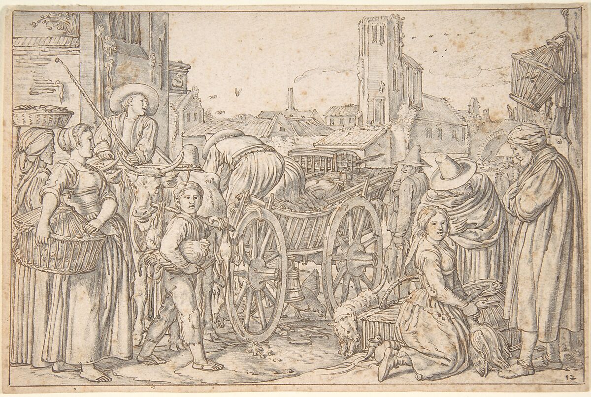 A Poultry Market in a Dutch Town, Willem Pietersz Buytewech (Dutch, Rotterdam 1591/92–1624), Pencil, pen and brown ink, brush and gray wash; framing lines in pen and brown ink 