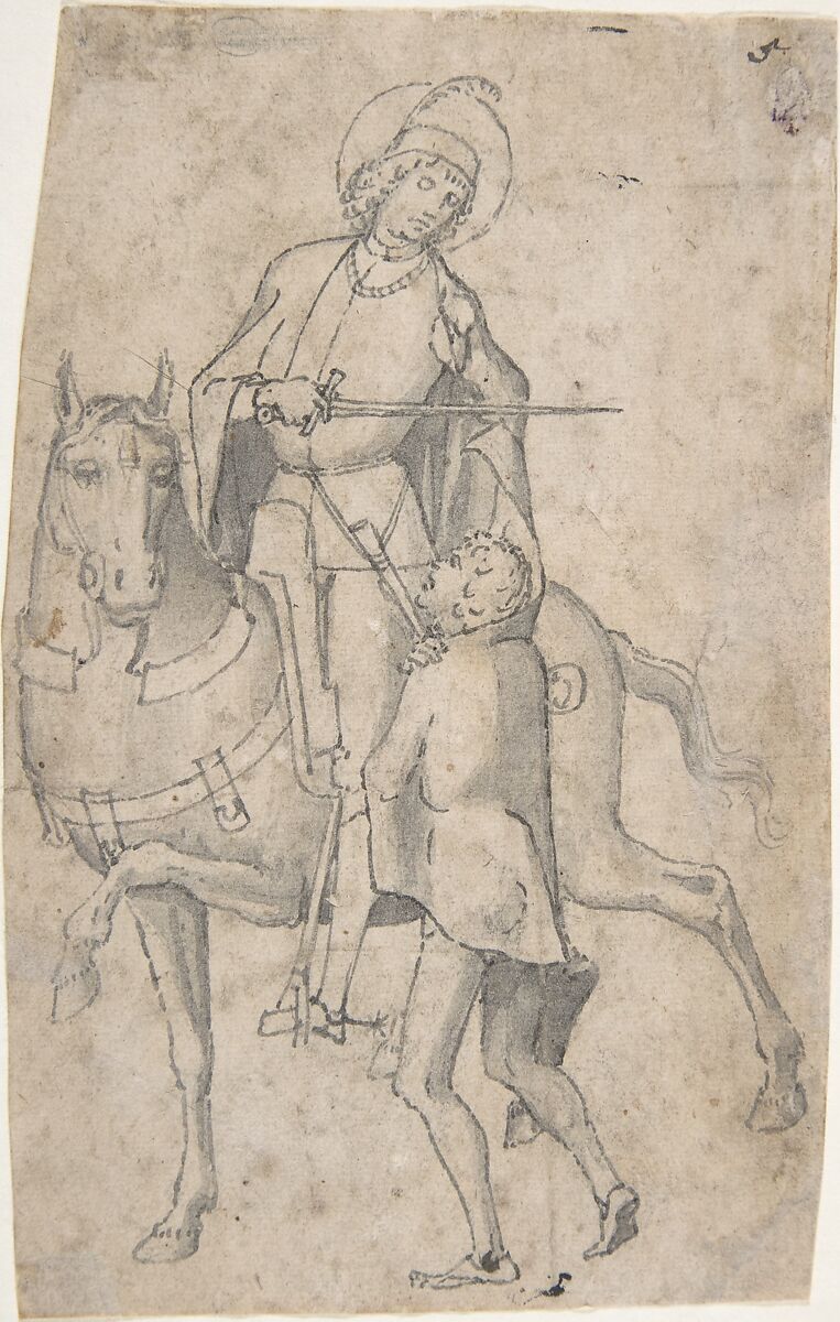 Saint Martin and the Beggar, Attributed to Vittore Carpaccio (Italian, Venice 1460/66?–1525/26 Venice), Pen and gray ink, brush and gray wash, over faint traces of black chalk 