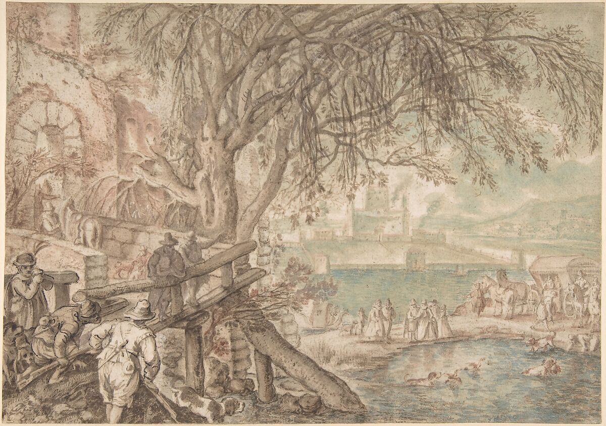 Huntsmen and Company Observing Dogs Retrieving Ducks in a Pond (The Month of April), Pieter Stevens (Netherlandish, Mechelen ca. 1567–after 1624 Prague), Pen and brown and black ink, brown wash, watercolor and gouache, over black chalk 