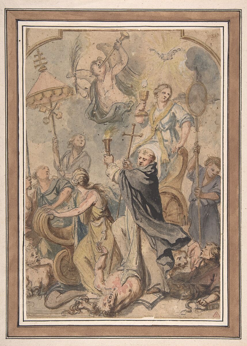An Allegory of the Triumph over Heresy, with St. Domenic to the Fore, Abraham van Diepenbeeck (Flemish, &#39;s Hertogenbosch 1596–1675 Antwerp), Pen and gray ink and watercolor, heightened with white, over black chalk 