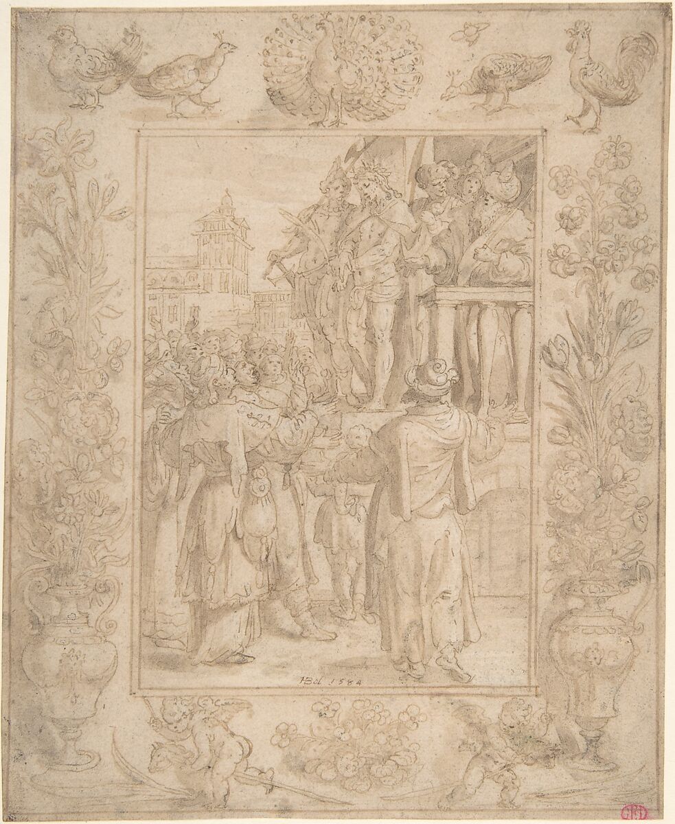 Ecce Homo, Maerten de Vos (Netherlandish, Antwerp 1532–1603 Antwerp), Pen and brown ink, brush and brown and gray wash; incised for transfer; framing lines in pen and brown ink 