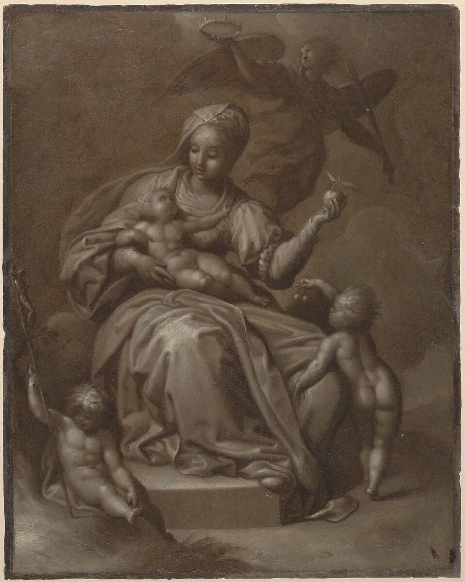 Virgin and Child, and Saint John the Baptist (recto); Summary sketches, possibly the Virgin and Child (verso), Attributed to Jacob de Backer (Netherlandish, Antwerp ca. 1540/1545–before 1600 Antwerp), Brown and black oil with white heightening (recto); black chalk (verso)