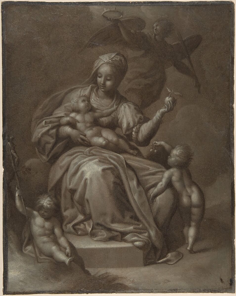 Recto: Virgin and Child, and Saint John the Baptist; Verso: Summary sketches, possibly the Virgin and Child, Attributed to Jacob de Backer (Netherlandish, Antwerp ca. 1540/1545–before 1600 Antwerp), Brown and black oil with white heightening; verso: black chalk 