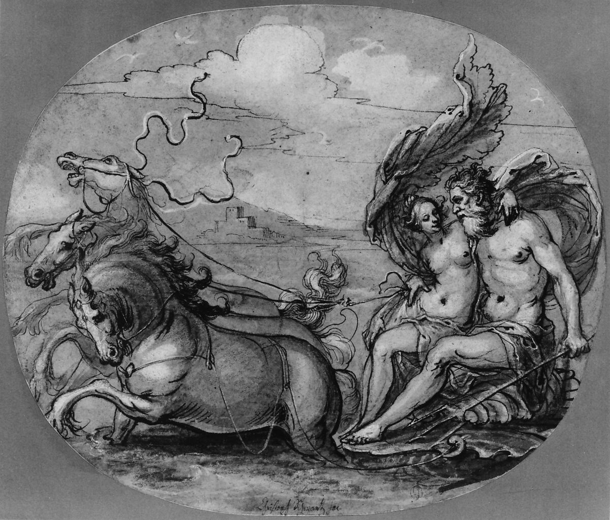 Neptune and Amphitrite, Hans Ulrich Franck (German, Kaufbeuren ca. 1590/95–1675 Ausburg), Black chalk, traces of red chalk, pen and black ink and brown and gray wash, heightened with white
