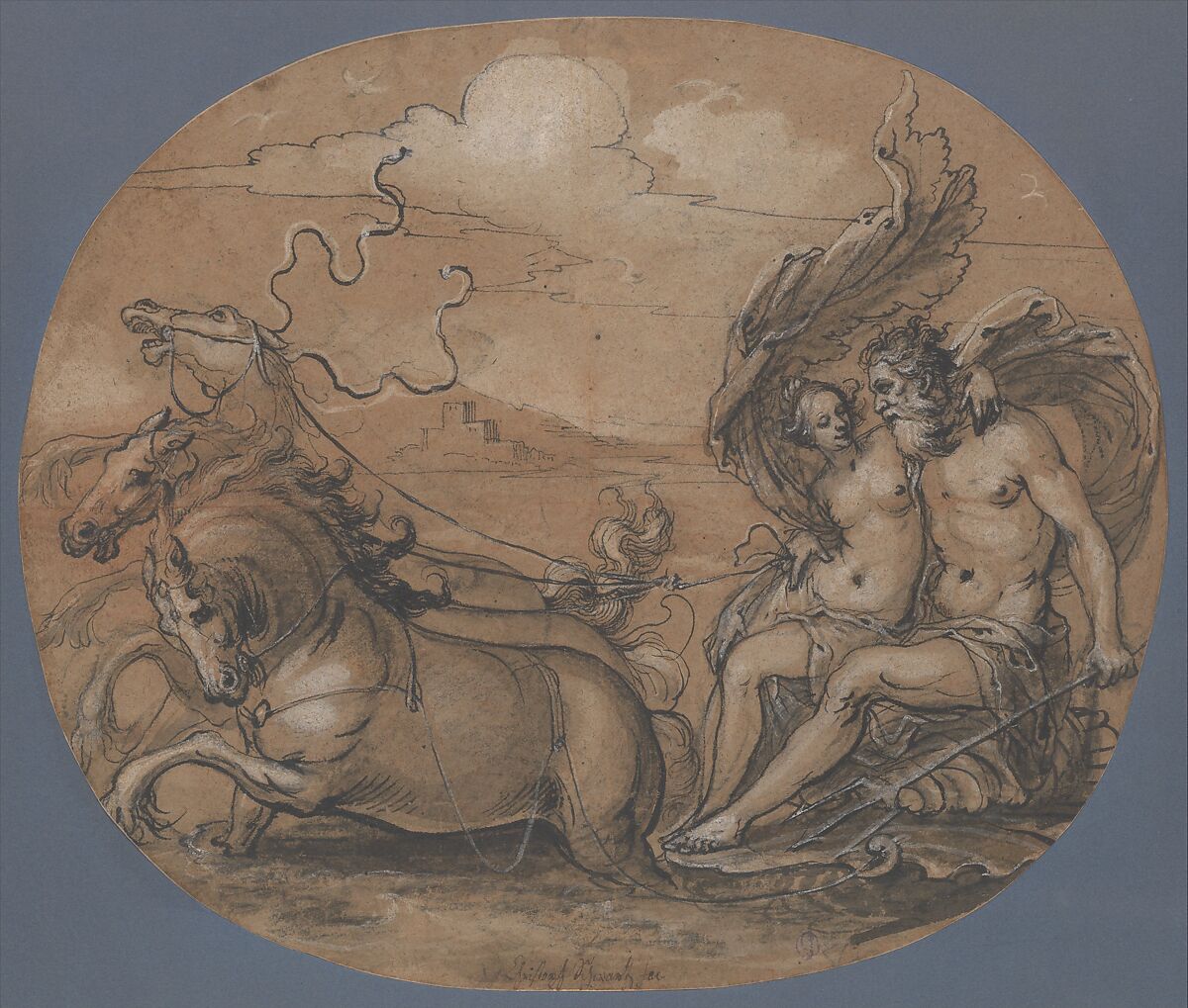 Neptune and Amphitrite, Hans Ulrich Franck (German, Kaufbeuren ca. 1590/95–1675 Ausburg), Black chalk, traces of red chalk, pen and black ink and brown and gray wash, heightened with white 