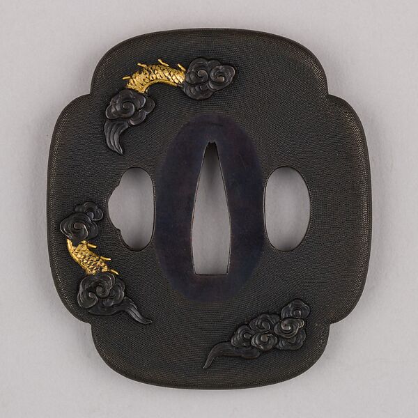 Sword Guard (Tsuba), Copper-gold alloy (shakudō), gold, copper, Japanese