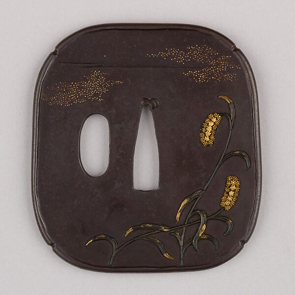 Sword Guard (Tsuba), Iron, copper-gold alloy (shakudō), gold, copper, Japanese 