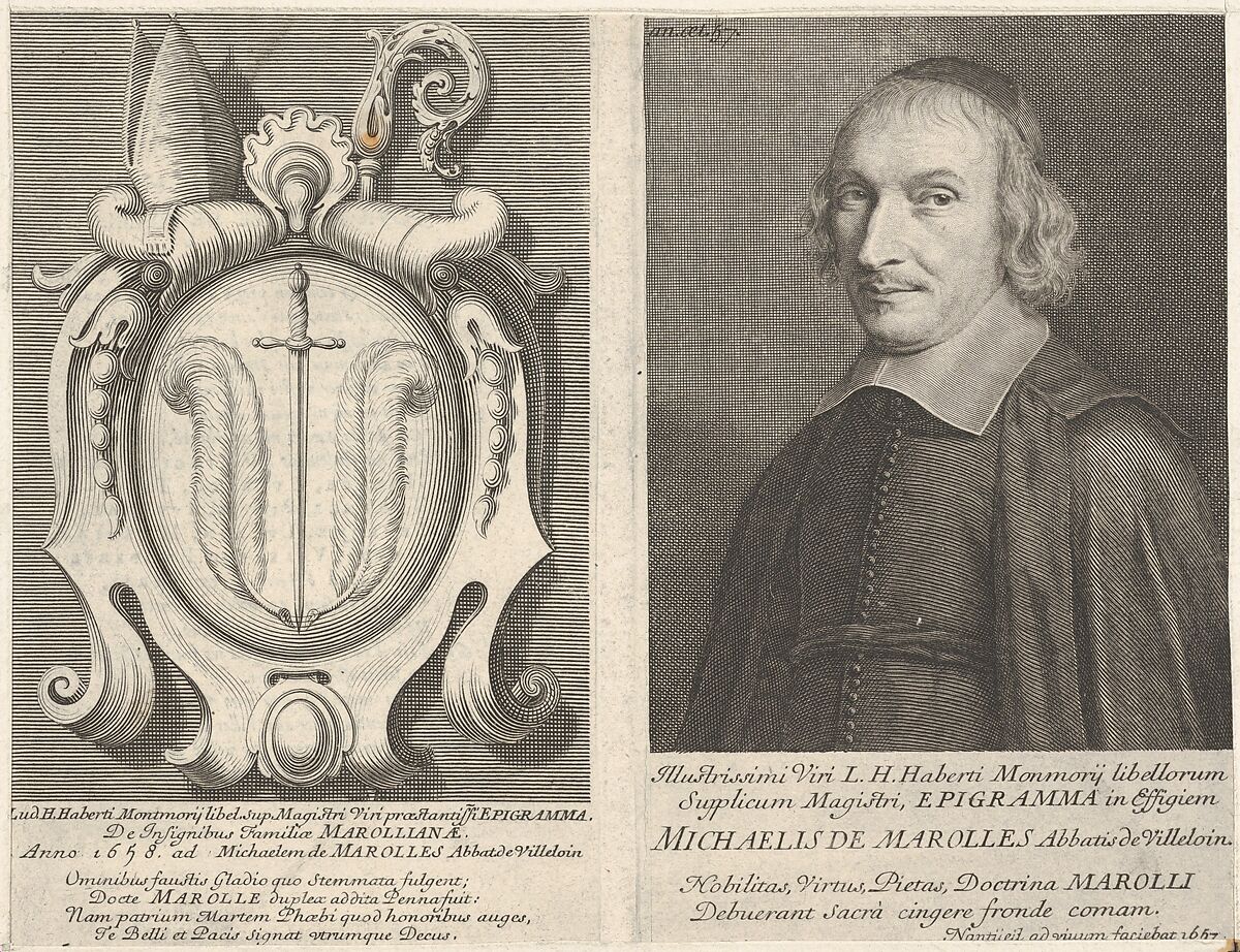 L'Abbé de Marolles (with coat of arms), Robert Nanteuil (French, Reims 1623–1678 Paris), Engraving 