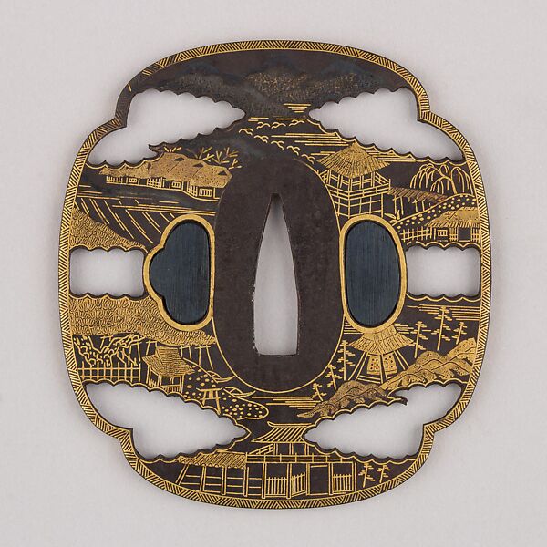 Sword Guard (Tsuba), Iron, gold, copper-gold alloy (shakudō), copper, Japanese 