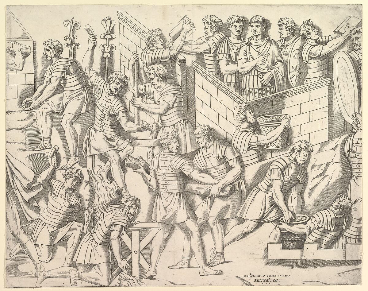 Roman Soldiers Fortifying their Camp, from Trajan's Column, from "Speculum Romanae Magnificentiae", Marco Dente (Italian, Ravenna, active by 1515–died 1527 Rome), Engraving 