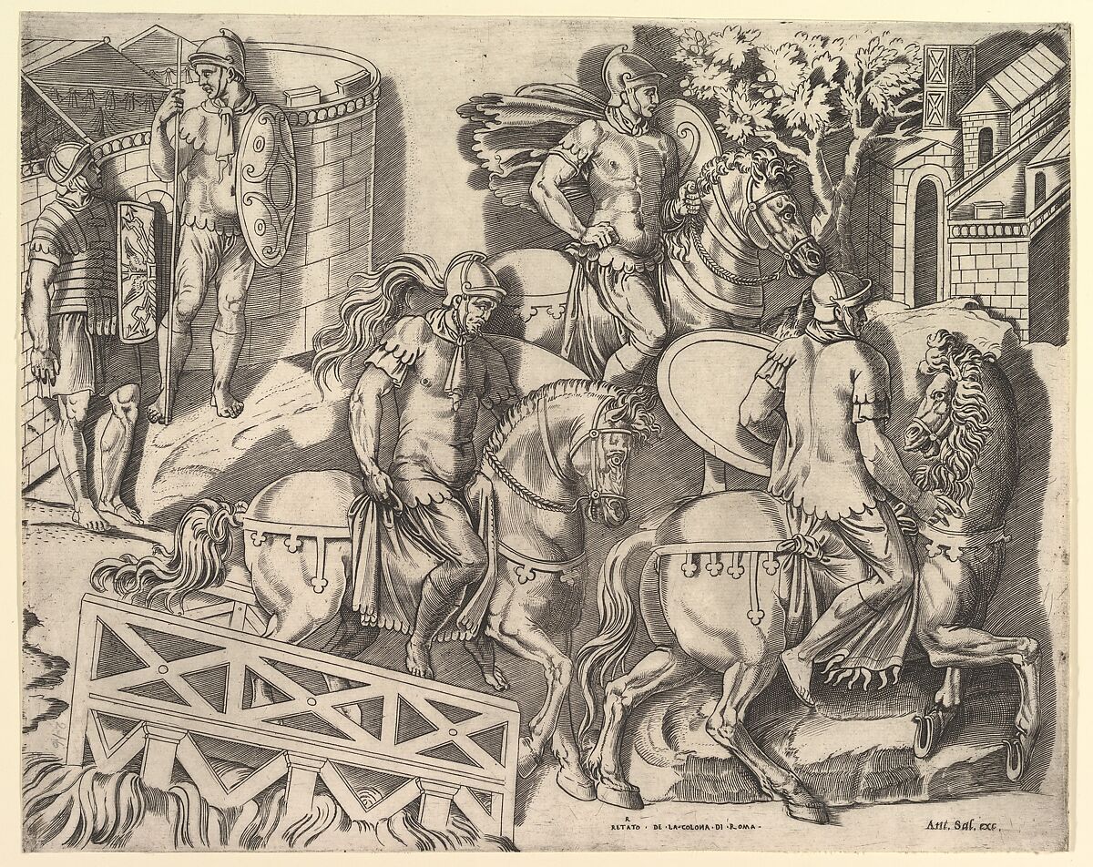 Roman Horsemen Crossing a Bridge (from Trajan's Column), from "Speculum Romanae Magnificentiae", Marco Dente (Italian, Ravenna, active by 1515–died 1527 Rome), Engraving 