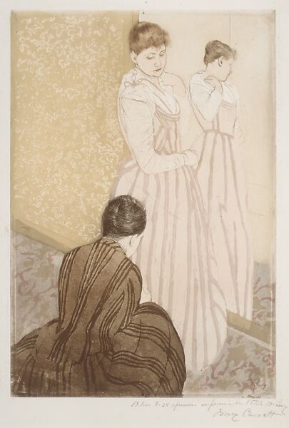 The Fitting, Mary Cassatt (American, Pittsburgh, Pennsylvania 1844–1926 Le Mesnil-Théribus, Oise), Drypoint and aquatint, printed in color from three plates; seventh state of seven (Mathews & Shapiro)
