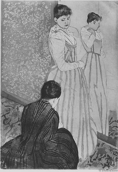 The Fitting, Mary Cassatt (American, Pittsburgh, Pennsylvania 1844–1926 Le Mesnil-Théribus, Oise), Drypoint and aquatint, printed in color from three plates; seventh state of seven (Mathews & Shapiro)