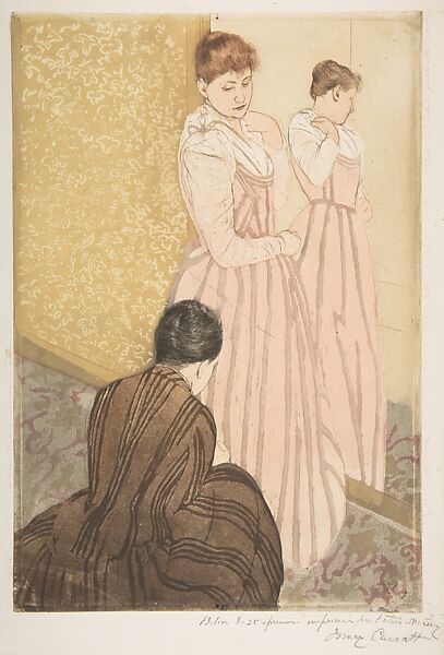 The Fitting, Mary Cassatt (American, Pittsburgh, Pennsylvania 1844–1926 Le Mesnil-Théribus, Oise), Drypoint and aquatint, printed in color from three plates; seventh state of seven (Mathews & Shapiro) 