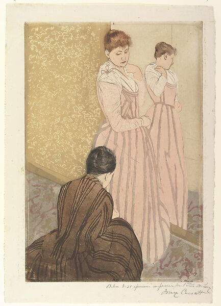 The Fitting, Mary Cassatt (American, Pittsburgh, Pennsylvania 1844–1926 Le Mesnil-Théribus, Oise), Drypoint and aquatint, printed in color from three plates; seventh state of seven (Mathews & Shapiro)