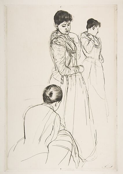 The Fitting, Mary Cassatt (American, Pittsburgh, Pennsylvania 1844–1926 Le Mesnil-Théribus, Oise), Drypoint and soft-ground etching, printed in black ink from one plate; second state of seven (Mathews & Shapiro) 