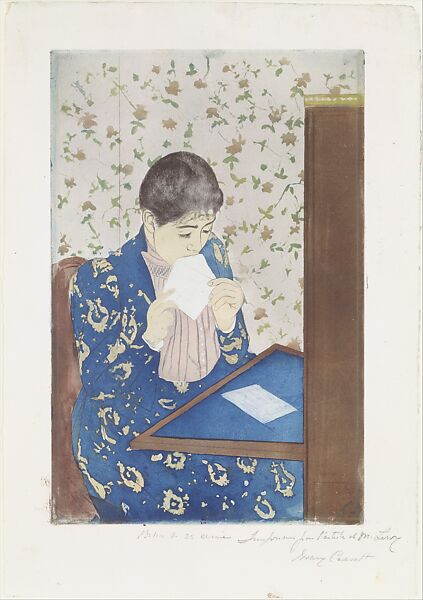 The Letter, Mary Cassatt (American, Pittsburgh, Pennsylvania 1844–1926 Le Mesnil-Théribus, Oise), Drypoint and aquatint, printed in color from three plates; fourth state of four