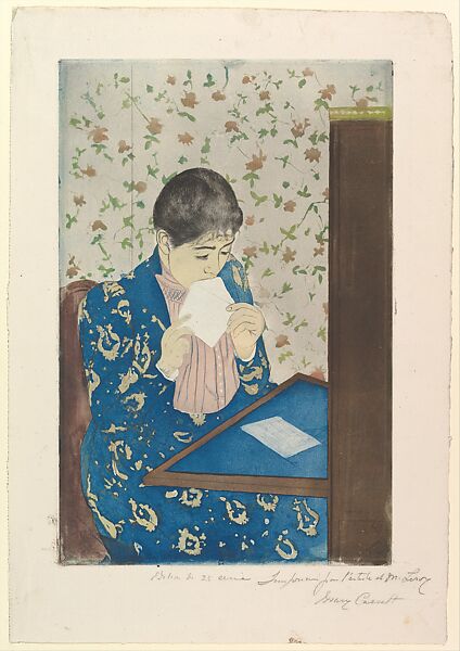 The Letter, Mary Cassatt (American, Pittsburgh, Pennsylvania 1844–1926 Le Mesnil-Théribus, Oise), Drypoint and aquatint, printed in color from three plates; fourth state of four 