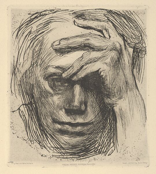 Self-Portrait with Hand on the Forehead (Selbstbildnis mit der Hand an der Stirn), Käthe Kollwitz (German, Kaliningrad (Königsberg) 1867–1945 Moritzburg), Etching and drypoint 
