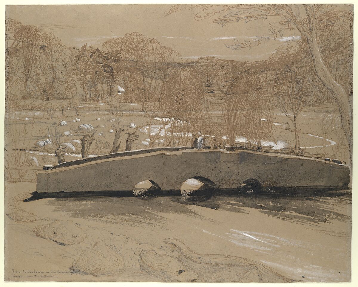 The Bridge at Shoreham, Samuel Palmer (British, London 1805–1881 Redhill, Surrey), Pen and brown ink, brush and black and gray wash and white gouache (bodycolor), over graphite, on gray-brown paper 