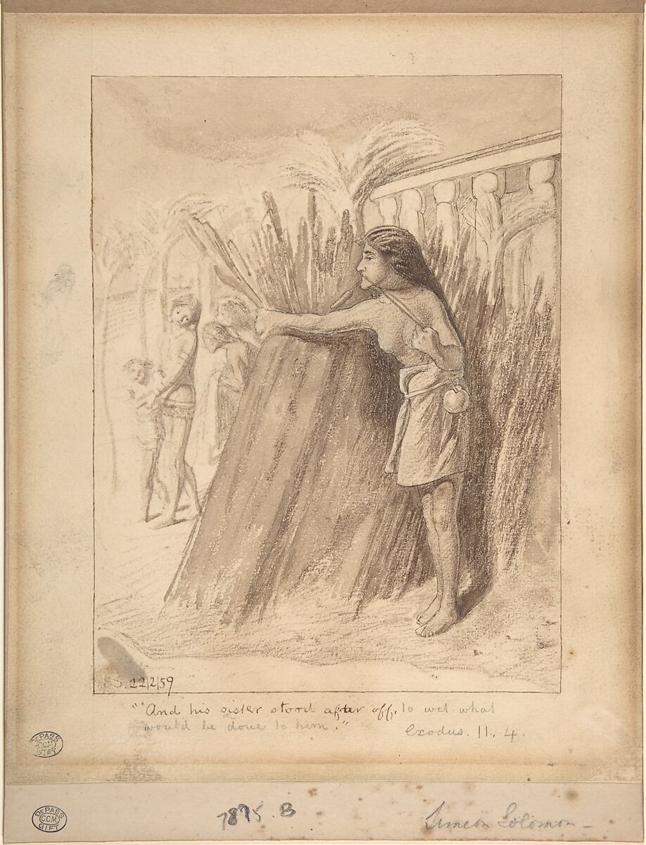 Miriam Watching the Finding of Moses in the Bulrushes, Simeon Solomon (British, London 1840–1905 London), Pen and brown ink, brush and brown wash, over graphite 