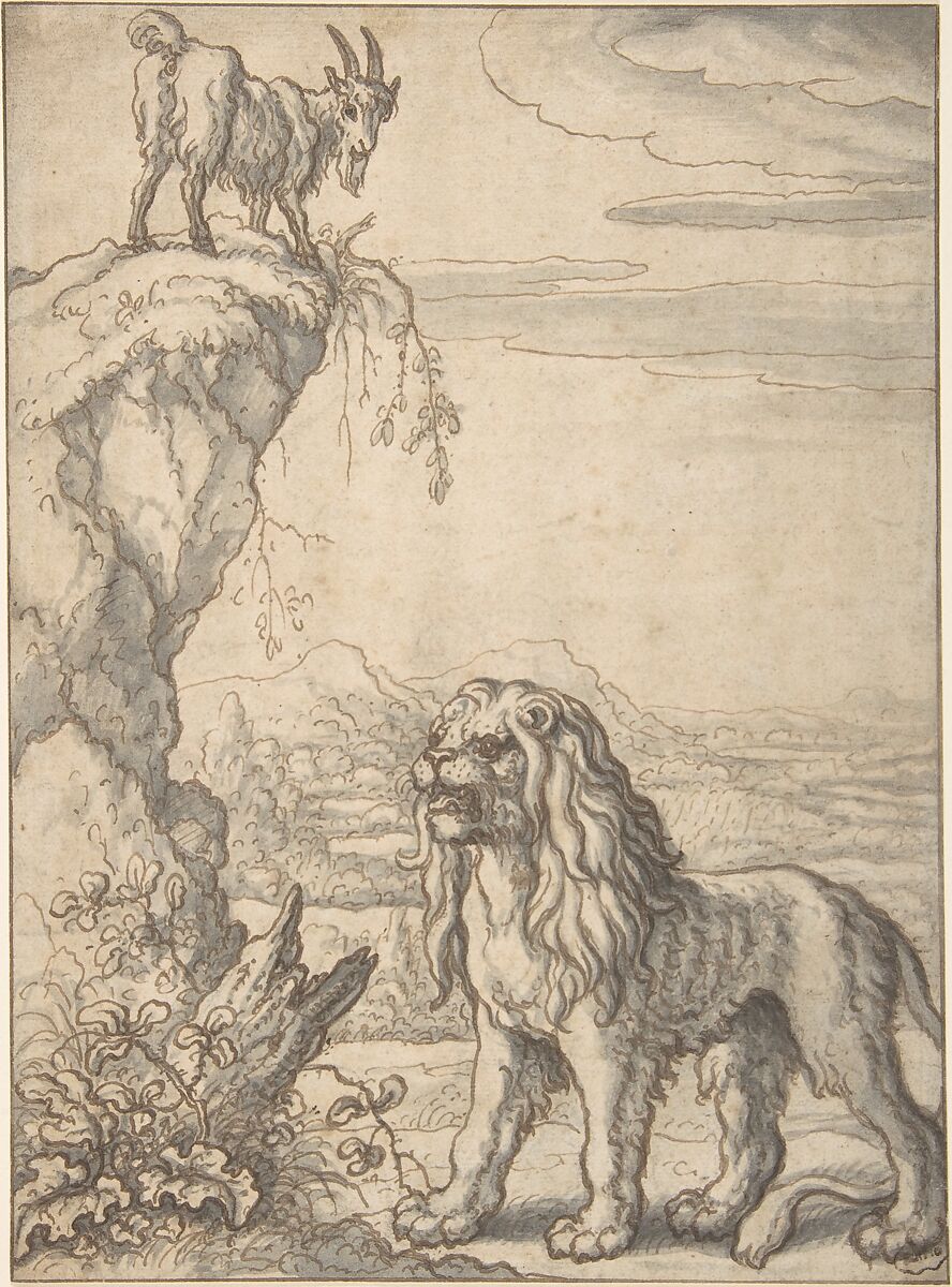 The Lyon and the Kid, from Ogilby's Aesopics, Francis Barlow (British, Lincolnshire ca. 1626–1704 London), Recto: pen and brown ink, brush and gray wash, over graphite
Verso: black chalk preparations 
