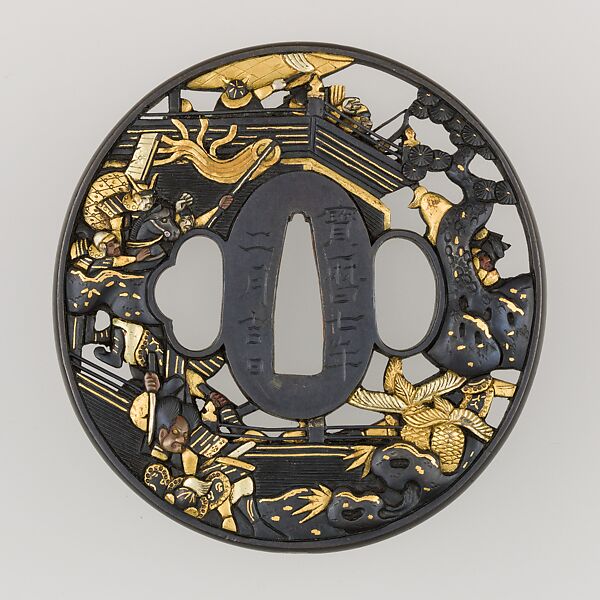Sword Guard (Tsuba), Copper-gold alloy (shakudō), gold, copper, silver, Japanese