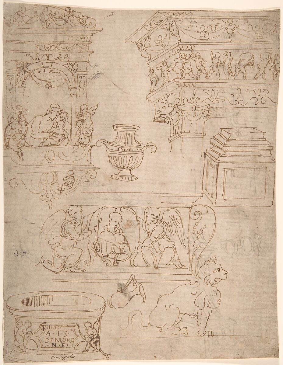 Sheet of Studies of Sculptural Elements and Architectural Ornaments, Anonymous, Italian, 15th century, Pen and brown ink 