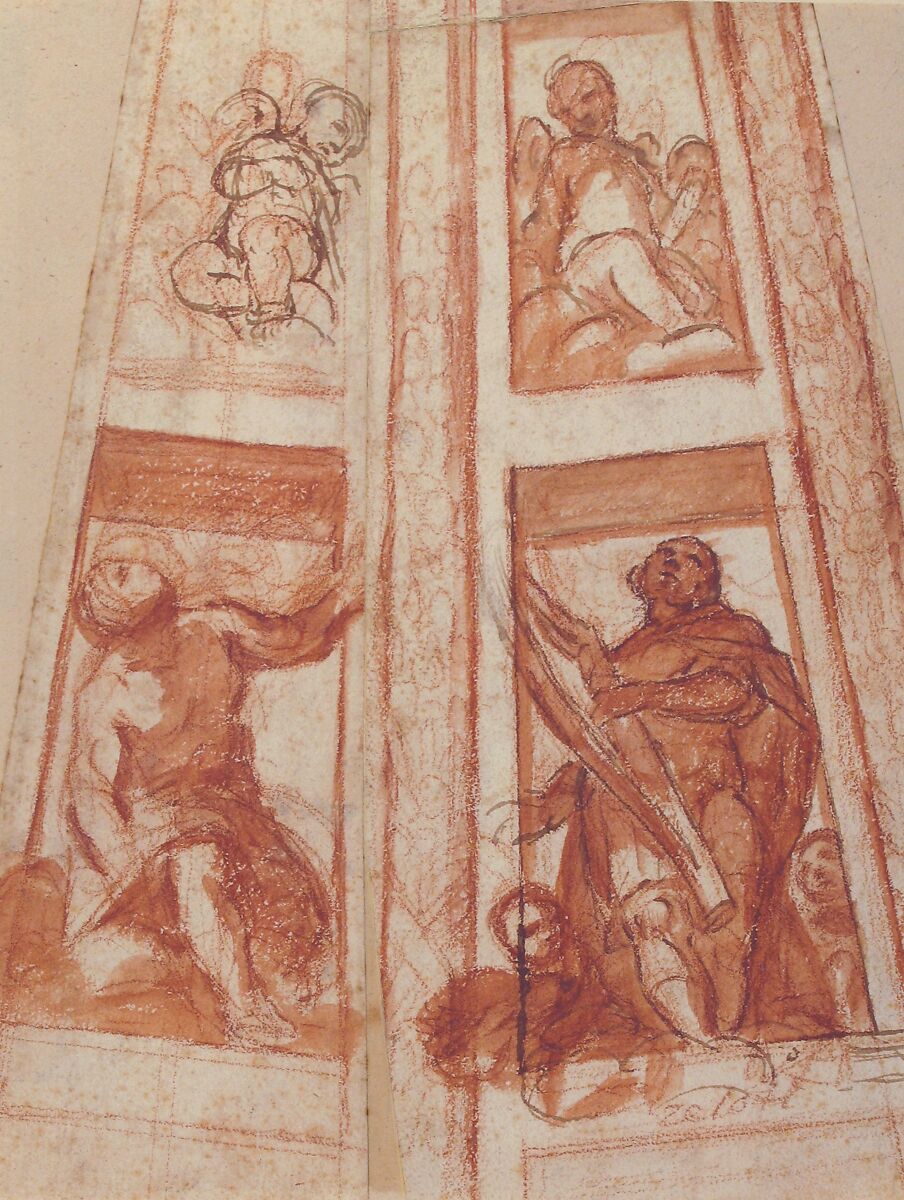 Design for the Decoration of a Cupola with a Prophet, King David and Two Putti, Mattia Preti (Il Cavalier Calabrese) (Italian, Taverna 1613–1699 Valletta), Red chalk, pen and brown ink, brush and red wash