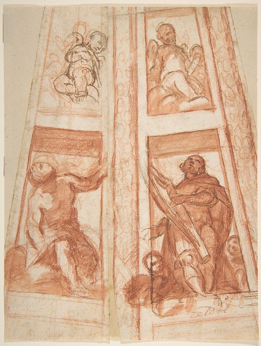 Design for the Decoration of a Cupola with a Prophet, King David and Two Putti, Mattia Preti (Il Cavalier Calabrese) (Italian, Taverna 1613–1699 Valletta), Red chalk, pen and brown ink, brush and red wash 