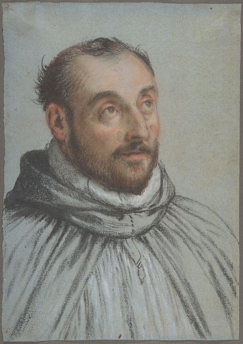Bust-Length Portrait of an Ecclesiastic, Carletto Caliari (Italian, Venice 1567/70–1592/96 Venice), Colored chalks, over charcoal (?), on blue paper 
