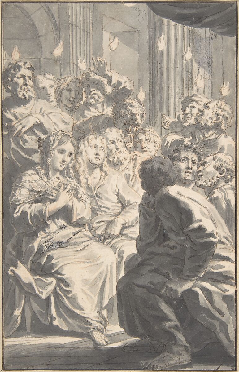 The Pentecost, Gerard de Lairesse (Dutch, Liège 1641–1711 Amsterdam), Pen and grayish brown ink, tip of the brush and gray ink, gray wash, red chalk and white heightening 