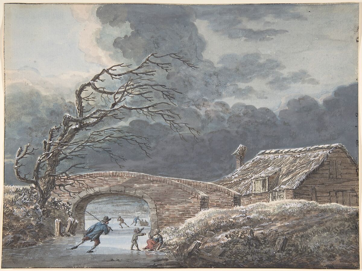 Winter Landscape with Skaters on a Frozen Canal, Vincent Jansz. van der Vinne (Dutch, 1736–1811), Watercolor over black chalk 