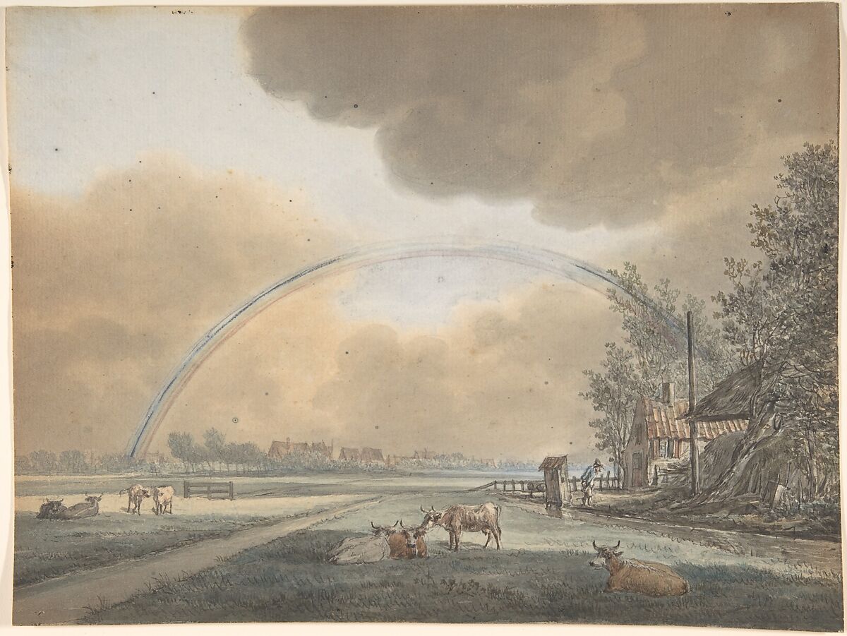 Landscape with a Rainbow over a Farmhouse and Distant Village, Vincent Jansz. van der Vinne (Dutch, 1736–1811), Watercolor over black chalk 