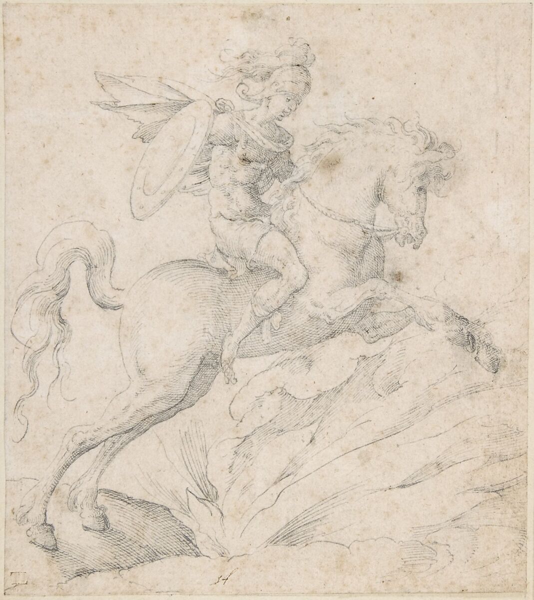 Marcus Curtius, Attributed to Jost Amman (Swiss, Zurich before 1539–1591 Nuremberg), Pen and black ink on cream colored paper 