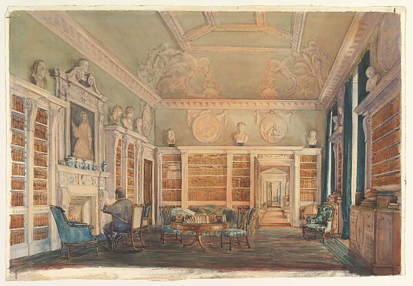 View of the Library, Kirtlington Park, Oxfordshire, Susan Alice Dashwood (British, 1856–1922), Watercolor over graphite 