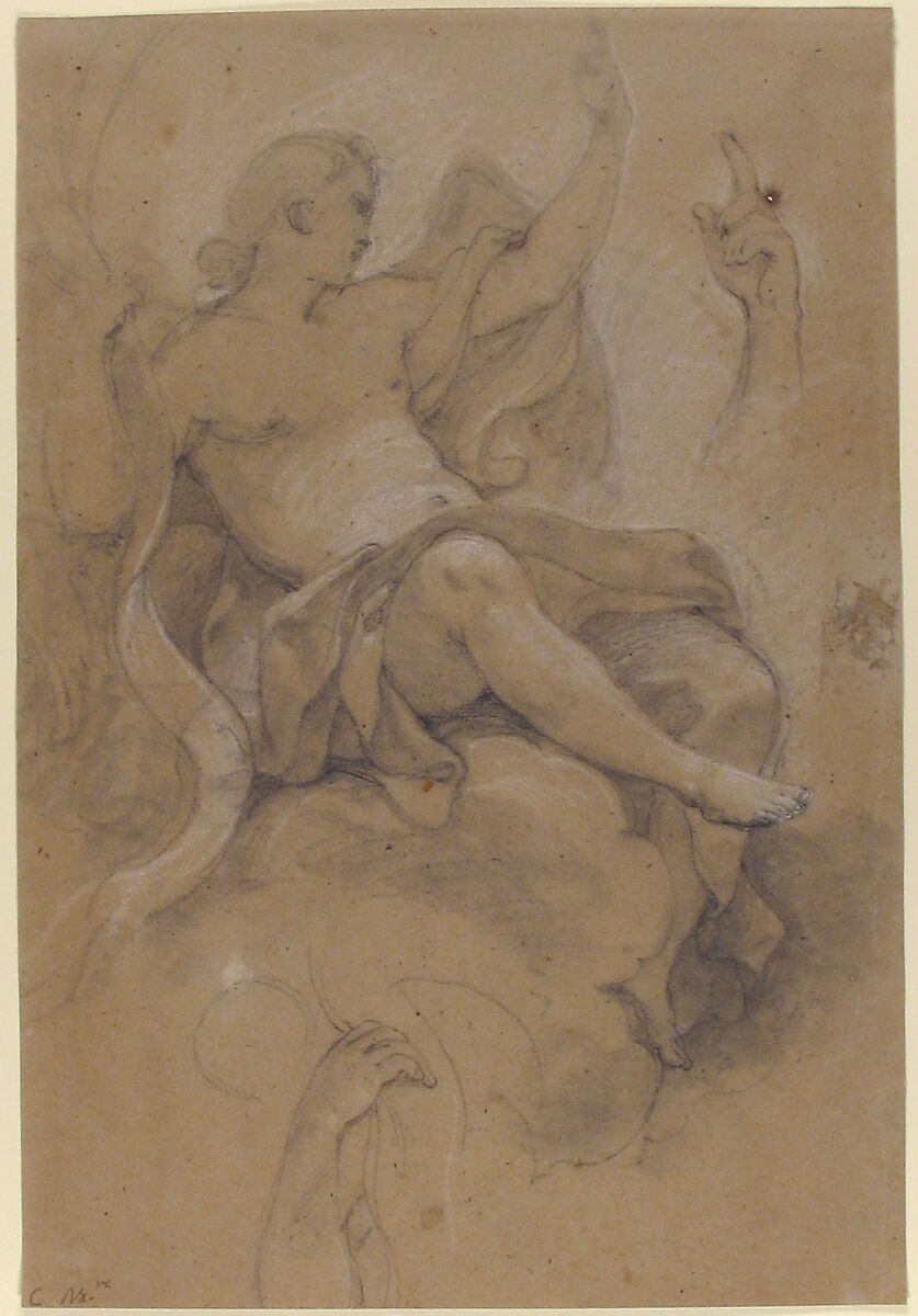 Angel Holding a Banderole, Charles Joseph Natoire (French, Nîmes 1700–1777 Castel Gandolfo), Black and white chalk