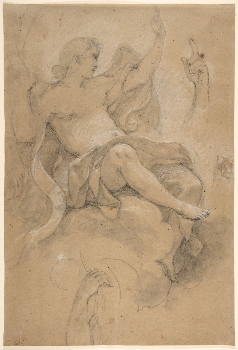 Angel Holding a Banderole, Charles Joseph Natoire (French, Nîmes 1700–1777 Castel Gandolfo), Black and white chalk on beige paper 