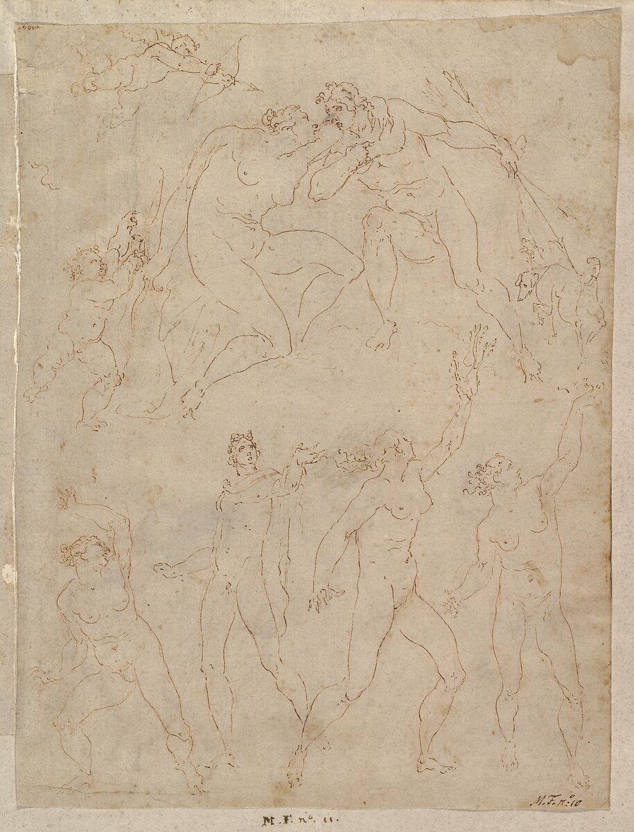 Studies for Apollo and Daphne, Zeus and Juno, Orpheus and Eurydice and other figures (recto and verso), Giovanni Ambrogio Figino (Italian, Milan 1548–1608 Milan), Pen and brown, red chalk 