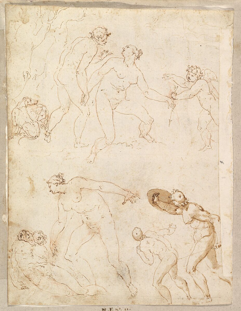 Studies for Apollo and Daphne, Zeus and Juno, Orpheus and Eurydice and other figures (recto and verso), Giovanni Ambrogio Figino (Italian, Milan 1548–1608 Milan), Pen and brown, red chalk