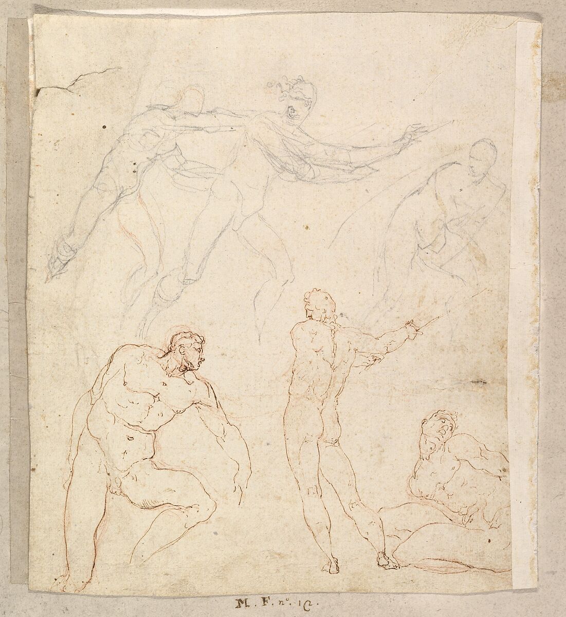 Studies for Apollo and Daphne, Zeus and Juno, Orpheus and Eurydice and other figures (recto and verso), Giovanni Ambrogio Figino (Italian, Milan 1548–1608 Milan), Pen and brown, red chalk