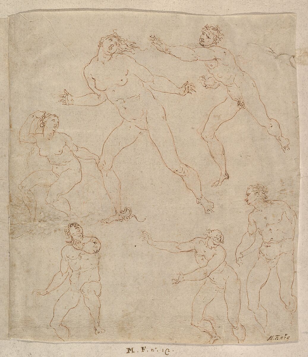 Studies for Apollo and Daphne, Zeus and Juno, Orpheus and Eurydice and other figures (recto and verso), Giovanni Ambrogio Figino (Italian, Milan 1548–1608 Milan), Pen and brown, red chalk