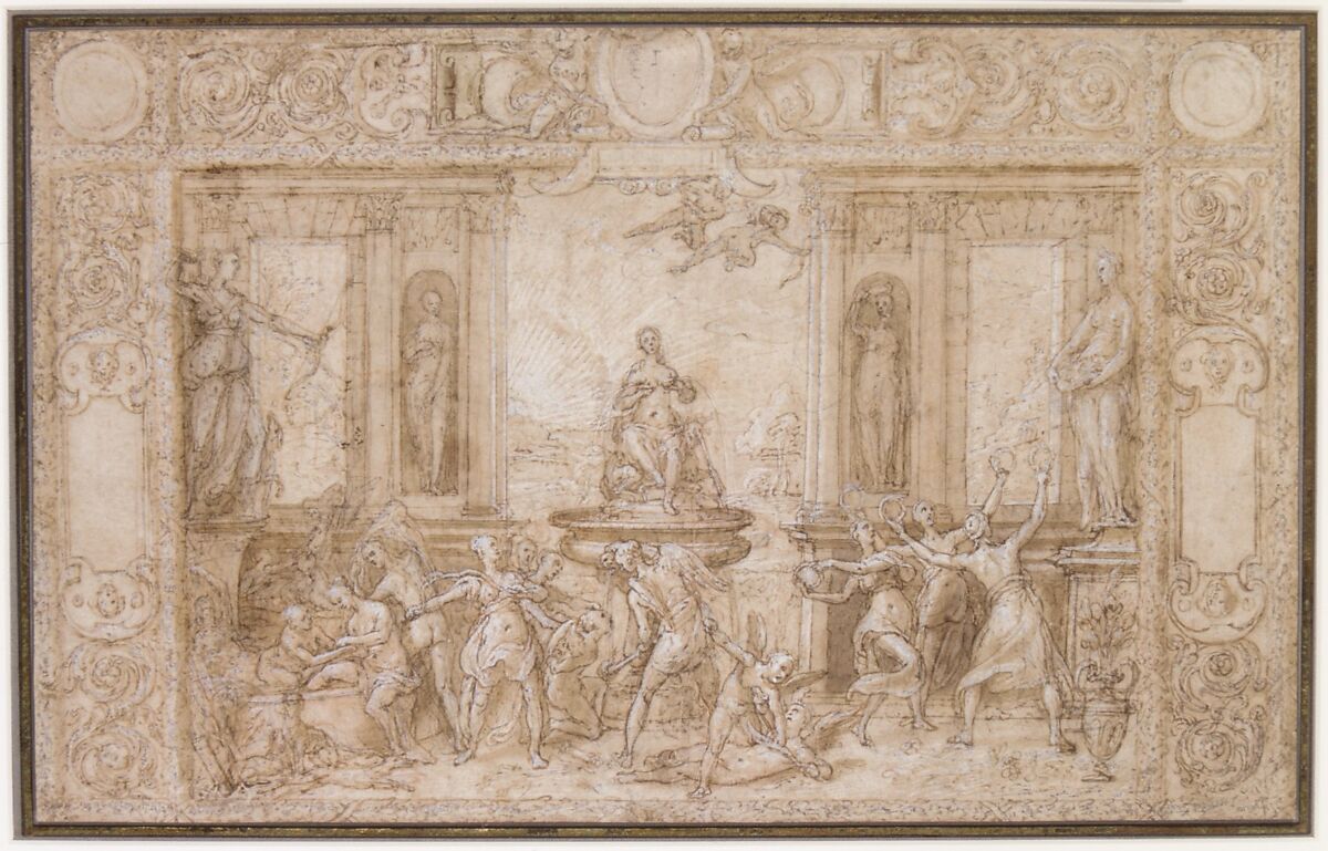 Study for The Allegory of Spring, Federico Zuccaro (Zuccari) (Italian, Sant'Angelo in Vado 1540/42–1609 Ancona), Pen and brown ink, over red chalk and black chalk, brush and brown wash, highlighted with white gouache